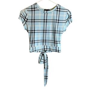 5 for $25🔥Juniors Small Faded Rose Blue Plaid Cropped Tie Back T-Shirt